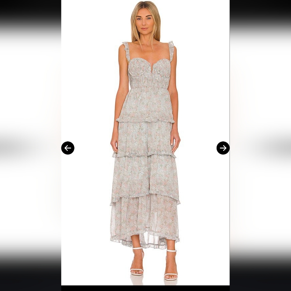 ASTR The Label Revolve Ruffle Maxi Dressblue Light Blue Floral smocked bodice